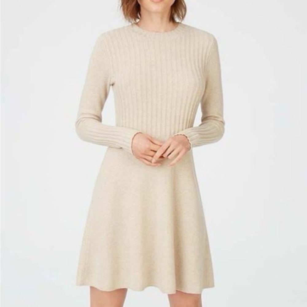 Club Monaco Part-Wool Beige Long Sleeve Knit Dress